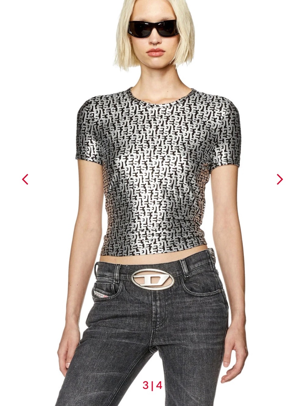 Diesel Silver Metallic Short Sleeve Logo-Print Top - Small